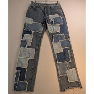 Women Boho Jeans 31x29 Multi Patch Work Frayed Raw Hem 5 Pocket Design
